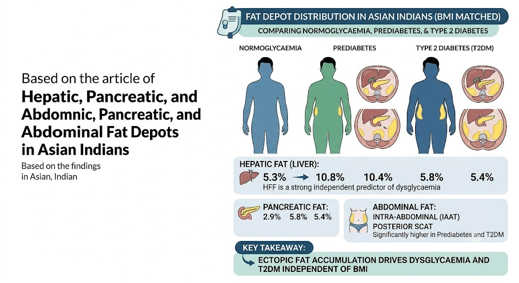Metabolic Implications of Hepatic, Pancreatic, and Abdominal Fat Depots in Asian Indians Across Normoglycaemia, Prediabetes, and Type 2 Diabetes