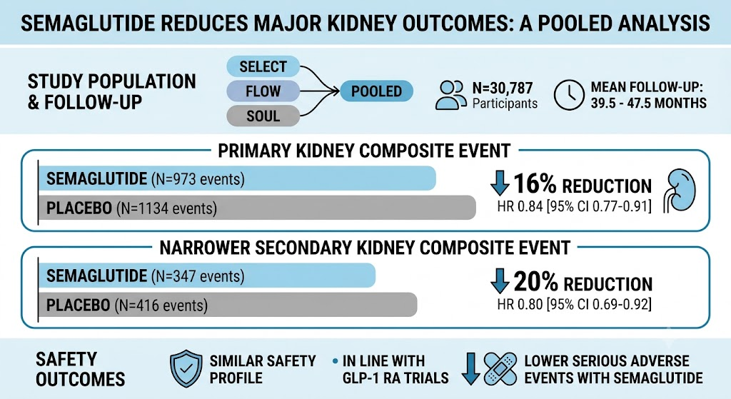 Pooled Analysis of SELECT, FLOW, and SOUL Links Semaglutide to Reduced Kidney Outcomes