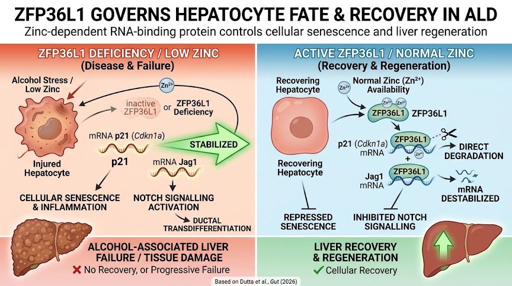 ZFP36L1 – protein gắn RNA phụ thuộc kẽm: ‘chốt chặn’ quan trọng trong lão hóa tế bào gan và hồi phục bệnh gan do rượu