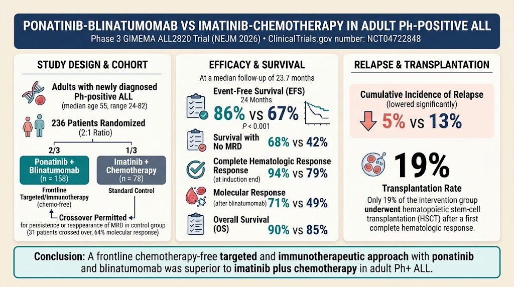 Ponatinib phối hợp Blinatumomab so với Imatinib và Hóa trị: Bước tiến trong điều trị tuyến đầu ALL dương tính với Philadelphia ở người lớn