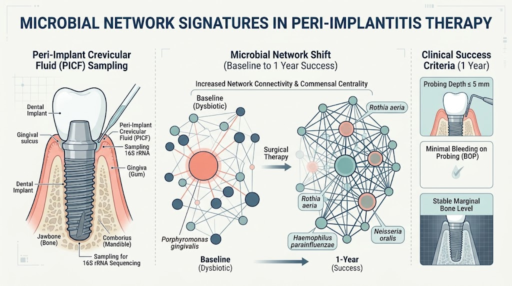 Microbial Network Insights Predict Peri-Implantitis Therapy Success: A One-Year Longitudinal Study