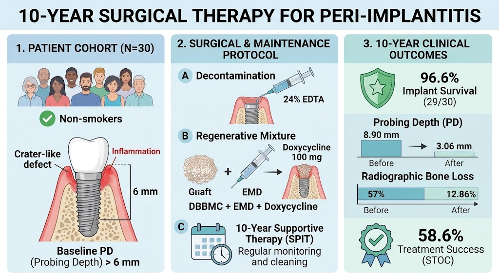 Ten-Year Outcomes of Surgical Intervention for Peri-Implantitis Using Bovine Bone Collagen Matrix, Enamel Matrix Derivative, and Doxycycline
