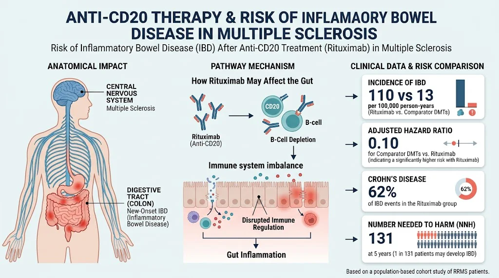 抗 CD20 治疗后多发性硬化患者炎症性肠病风险升高：来自瑞典人群队列的研究