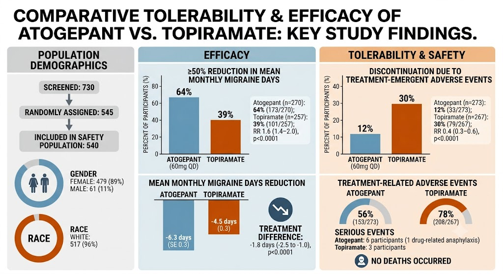 Atogepant Shows Better Tolerability and Efficacy Than Topiramate in Migraine Prevention: TEMPLE Trial Results